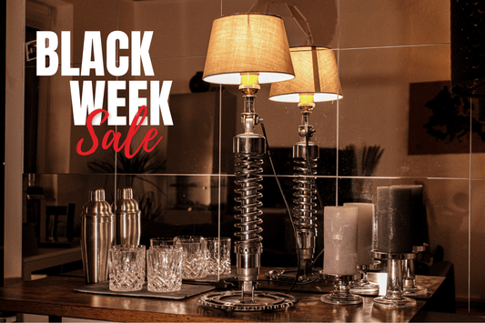 Schreibtischlampe - Motorrad Federbein, verschiedene Lampenschirme - Mortal Engines Interior Design