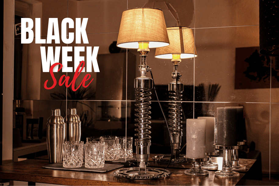 Schreibtischlampe - Motorrad Federbein, verschiedene Lampenschirme - Mortal Engines Interior Design