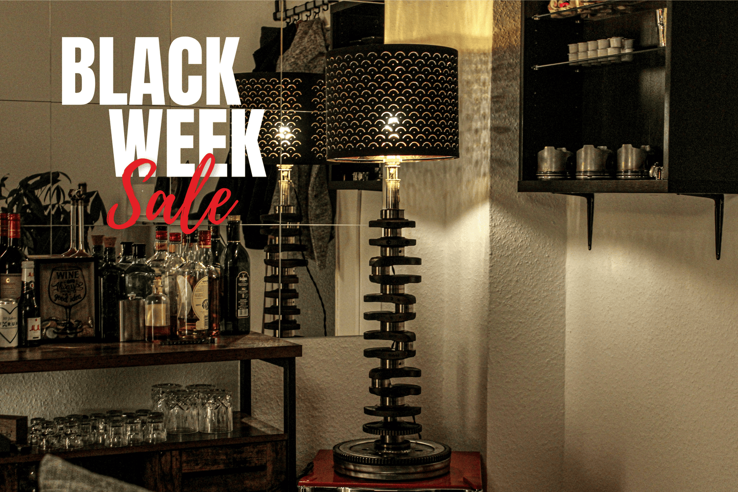 Stehlampe - Auto Kurbelwelle, Lampenschirm schwarz | Upcycling Beleuchtung - Mortal Engines Interior Design